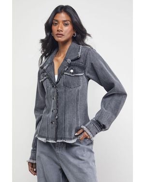 Warehouse Front Fitted Denim Jacket With Frayed Hem - Blue