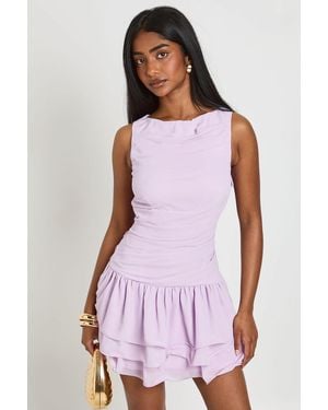 Boohoo Chiffon Ruched Drop Hem Mini Dress - Purple