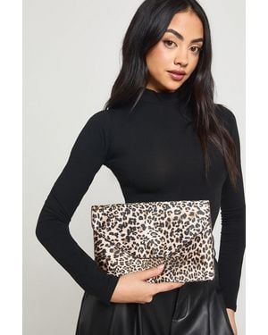 Boohoo Print Satin Fold Over Structured Clutch Bag - Black