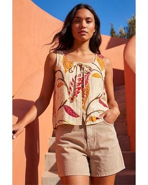 Roman Leaf Print Textured Tie Front Blouse - Orange