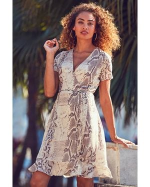 Sosandar Coffee & Cream Animal Print Ruffle Wrap Dress - Brown