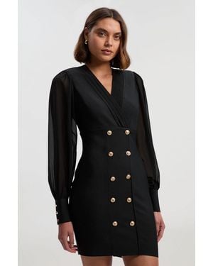 Karen Millen Petite Figure Form Woven Mix Military Button Blazer Knit Mini Dress - Black
