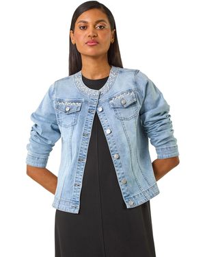 Roman Pearl Detail Collarless Jacket - Blue