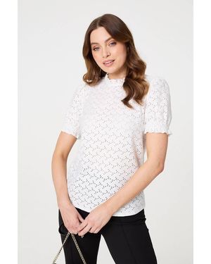 Izabel London Lace Texture Frilled Short Sleeve Blouse - White