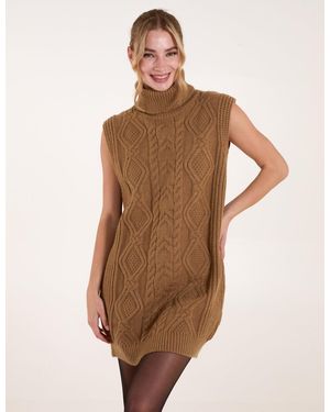 Blue Vanilla Roll Neck Cable Knitted Oversized Sleeveless Jumper - Brown