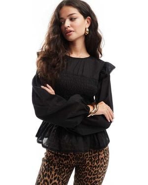 ASOS Shirred Bodice Blouse With Broderie Trim Detail - Black