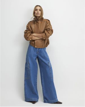 River Island Wide Leg Jeans Pleated Cargo Pocket Cotton - Blue