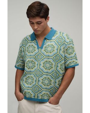 BoohooMAN Oversized Boxy Crochet Cotton Blend Knitted Polo - Green