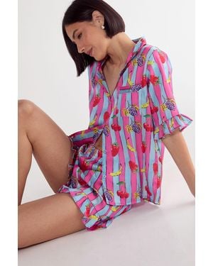 Nasty Gal Satin Fruit Stripe Ruffle Pyjama Shorts Set - Pink