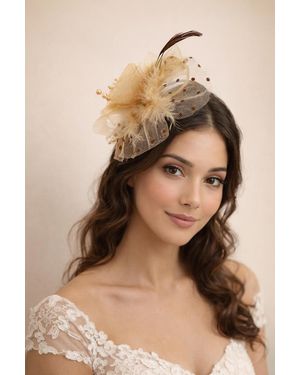 SVNX Rosette Faux Pearl & Polka Veil Feather Fascinator - Natural