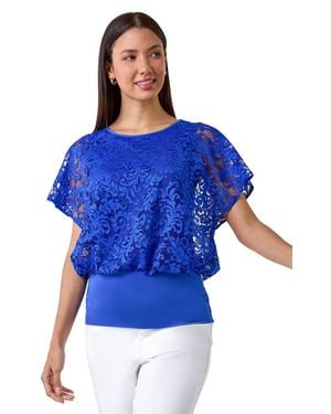 Roman Lace Stretch Banded Hem Top - Blue