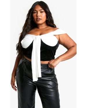 Boohoo Plus Mesh And Velvet Tie Front Bardot Corset Top - Black