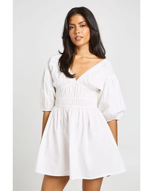 Boohoo Cotton Poplin Shirred Bodice V Neck Puff Sleeve Mini Dress - White
