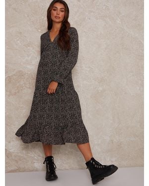 Chi Chi London Long Sleeve V Neck Animal Print Maxi Dress - Brown