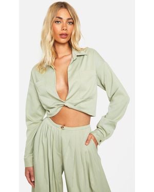 Boohoo Linen Look Relaxed Fit Twist Front Shirt - Green