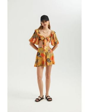 Hiccup Sweetheart Neck Tie Front Puff Sleeves Crop Top - Orange
