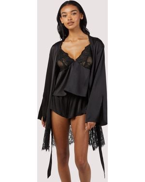 Wolf & Whistle Rosie Satin And Lace Robe - Black