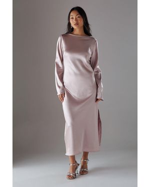 Warehouse Petite Crinkle Satin Bias Tie Sleeve Midi Dress - Grey