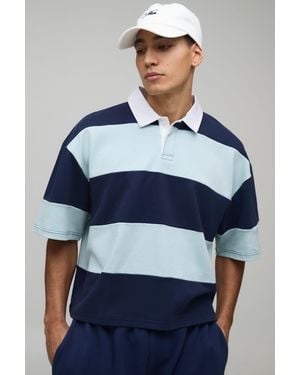 BoohooMAN Oversized Shrunken Stripe Interlock Short Sleeve Rugby Polo - Blue