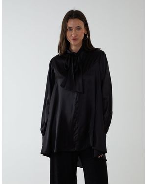 Blue Vanilla Plain Button Through Pussybow Shirt - Black