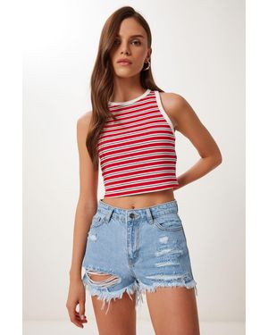 Happiness İstanbul High Waist Destroyed Denim Shorts - Red