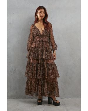 Warehouse Tulle Leopard Print Plunge Neck Long Sleeve Tier Maxi Dress - Brown