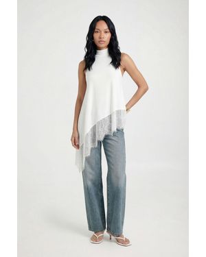 Boohoo Slinky High Neck Lace Asym Hem Top - Blue