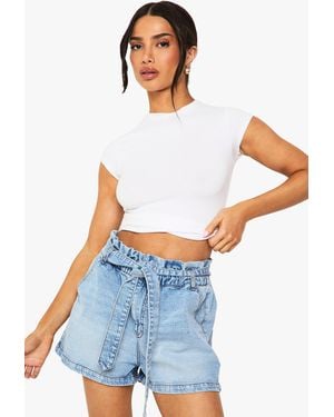 Boohoo Paper Bag Waist Denim Short - White