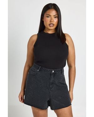 Boohoo Plus High Waist Embellished Denim Short - Blue