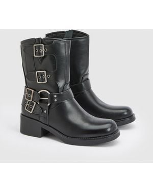 Faith Seline Faux Leather Medium Block Heel Biker Boots - Black