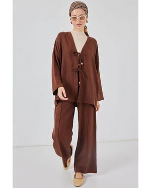 Bigdart V-Neck Cardigan And Wide Leg Trousers Set - Brown