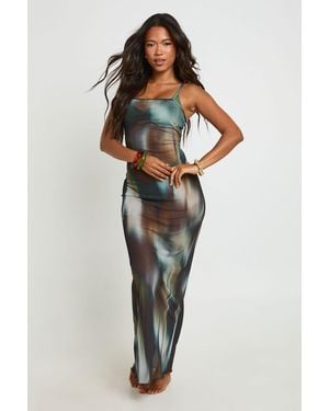 Boohoo Abstract Print Sheer Mesh Cowl Neck Low Back Maxi Beach Dress - Brown