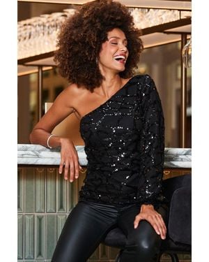 Sosandar Sequin Asymmetrical One Shoulder Top - Black
