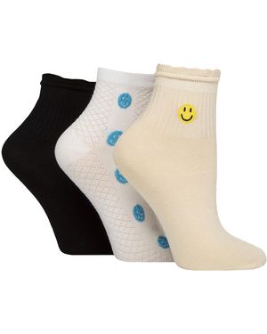 Elle 3 Pack Ladies Ribbed Anklet Socks With Frill Welt - Black