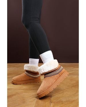 Where's That From Wheres 'Flora' Suede Flat Slippers With Embroidered Trim Detail - Brown