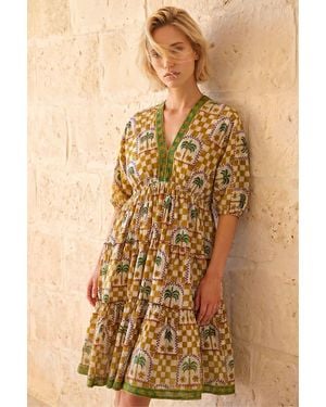Roman Palm Check Print Boho Dress - Natural