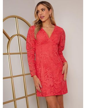 Chi Chi London V Neck Long Sleeve Mini Dress - Red