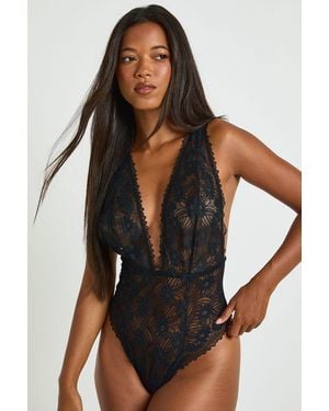 Boohoo Lace Deep Plunge Bodysuit - Black