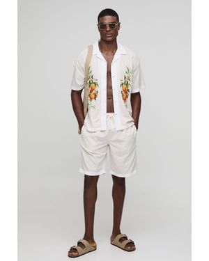 BoohooMAN Oversized Orange Graphic Linen Blend Shirt & Relaxed Short Set - White