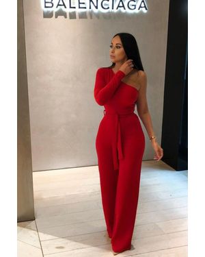 Femme Luxe Belted One Shoulder Jumpsuit - Red