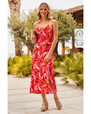 Sosandar Swirl Print Chain Strap Midi Dress - Red