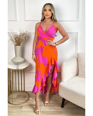 AX Paris And Floral Printed Wrap Over Strappy Midi Dress - Pink