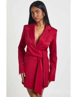 Boohoo Wrap Tie Belt Detail Blazer Dress - Red