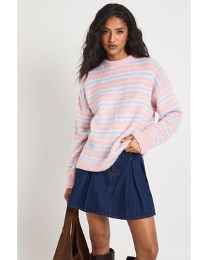 Boohoo Crew Neck Super Soft Stripe Knitted Jumper - Blue