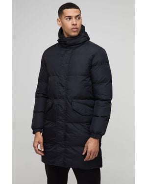 BoohooMAN Mid Length Hooded Puffer In Black - Blue