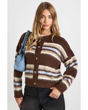 Boohoo High Neck Super Soft Stripe Knitted Cardigan - Black