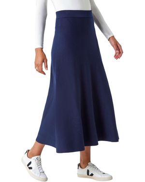 Roman Plain Elastic Waist Knitted A Line Midi Skirt - Blue