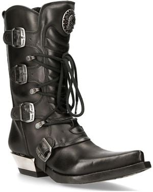 New Rock Leather Cowboy Buckle Boots- M-7993-S1 - Black