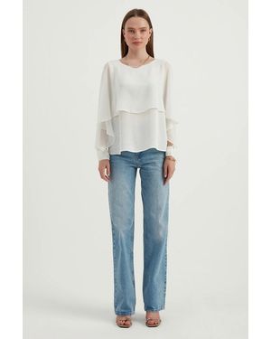 Hiccup Round Neck Chiffon Double Layer Blouse - Blue