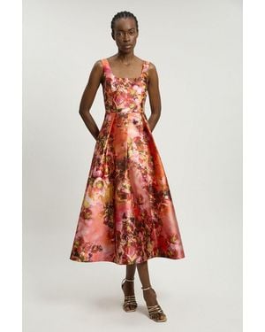 Karen Millen Jacquard Twill Floral Print Corseted Woven Maxi Dress - White